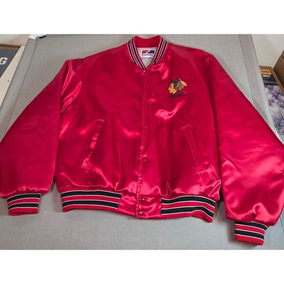 Vintage Chicago Blackhawks Swingster Red Satin Mens Bomber Jacket XL USA - Picture 1 of 13